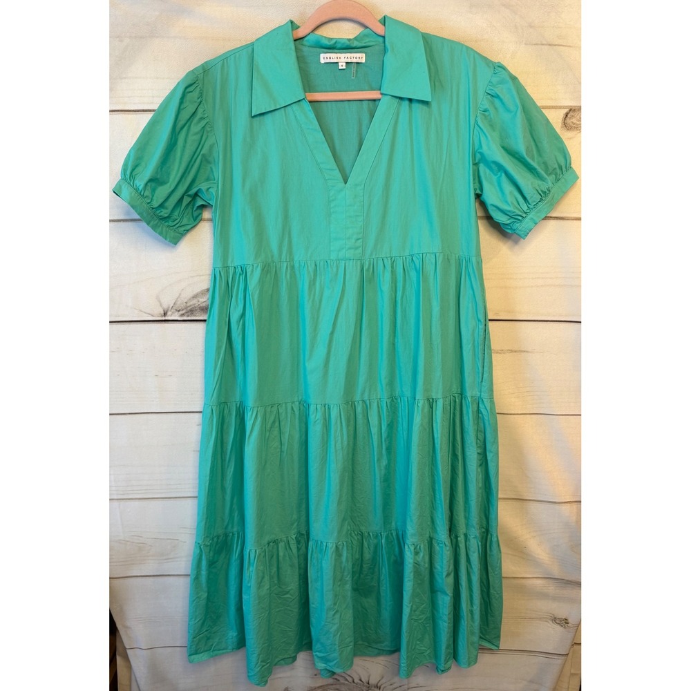 English Factory Teal Green Cotton Tiered Puff Sleeve V-Neck Midi Dress Womens S